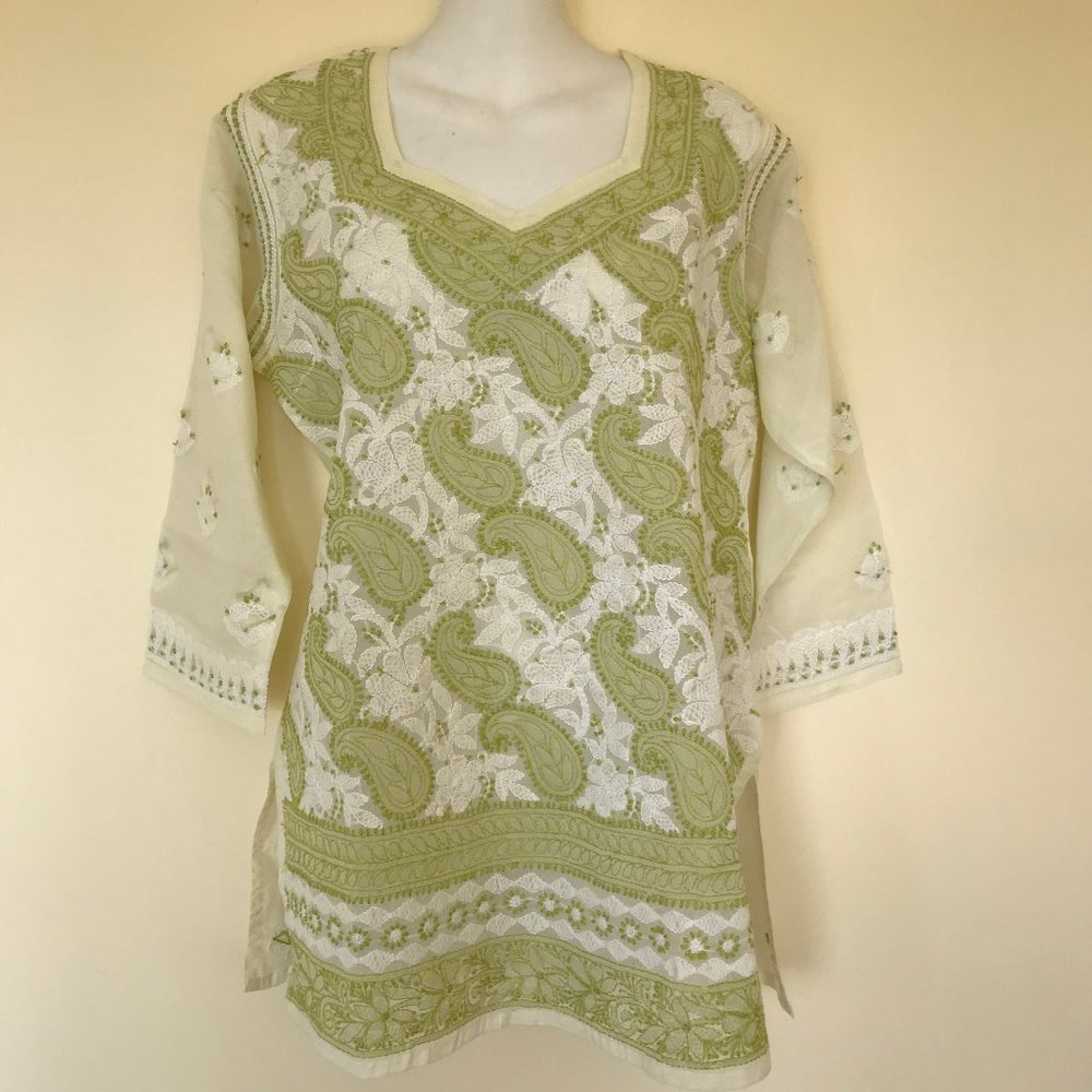 Dupatta House Embroidered Kurti Tunic Top Green Paisley Cotton NWT